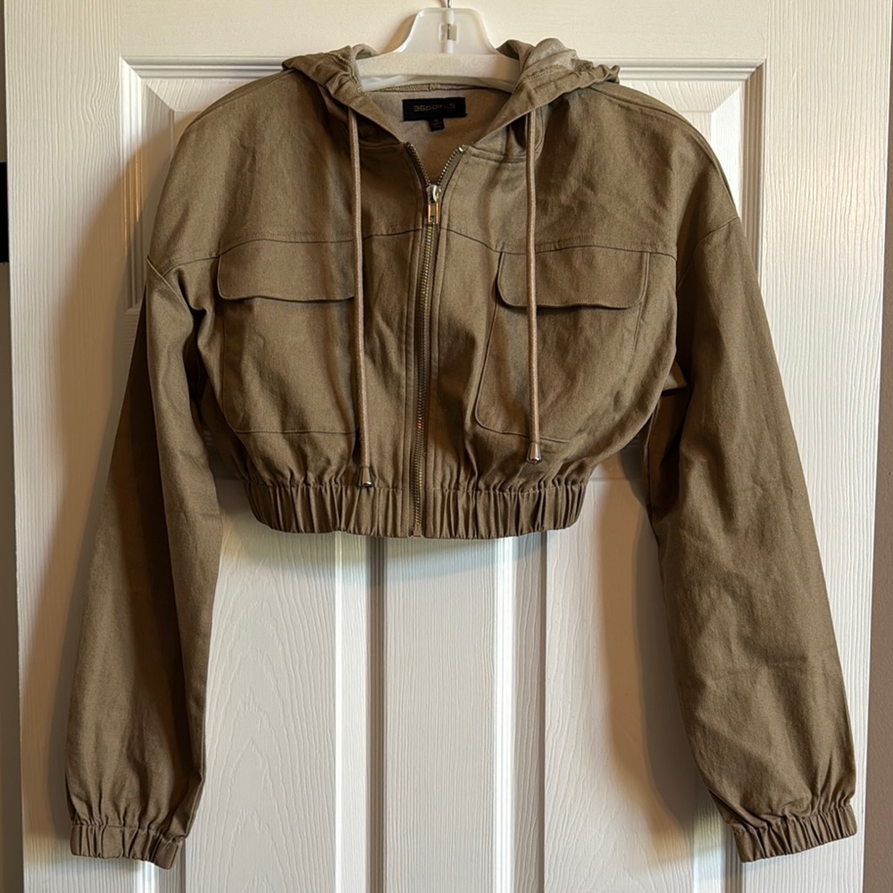 Tan Utility Jacket with Hood and Elastic Waistband